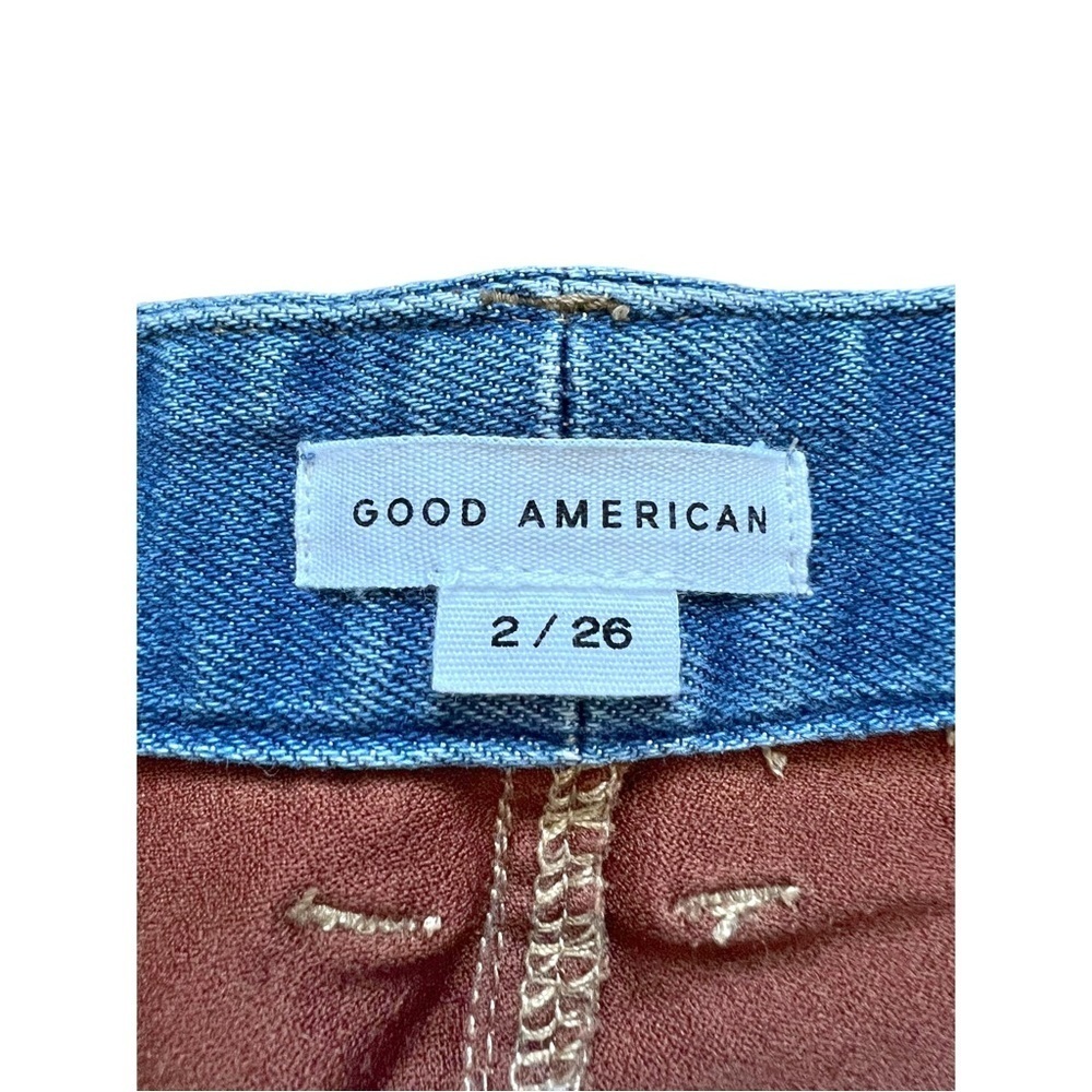 Nwt Good American Icon Mixed Media Denim & Faux Suede Pants In Indigo Western - Picture 8 of 11